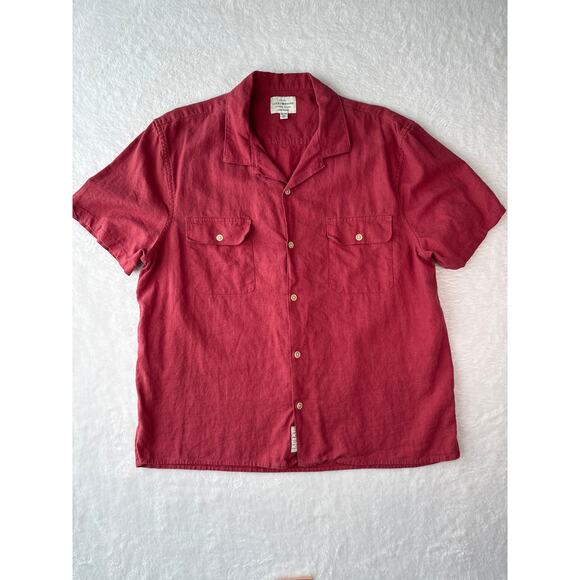 Lucky Brand Linen Blend Men Size XL Short Sleeve Camp Shirt Chest Pockets Red - Picture 1 of 6